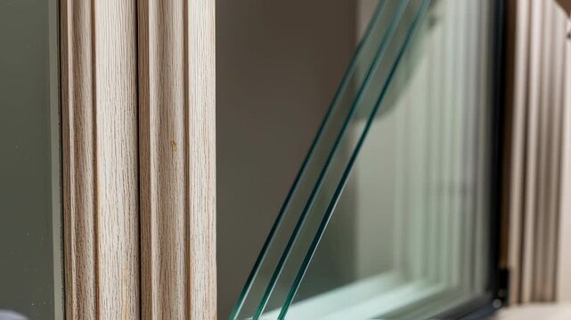 Detailed macro shot of tripleglazed window layers showing advanced insulation glass being fitted into traditional sash window frames of a historic dwelling.