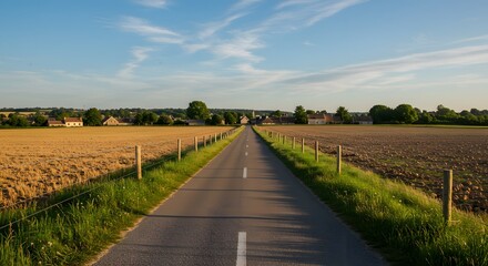 Fototapeta premium Country road through fields under sunny sky