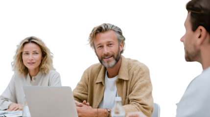 Collaborative Conversation at Business Table: A candid snapshot captures a pivotal moment of open dialogue at a polished wooden table.