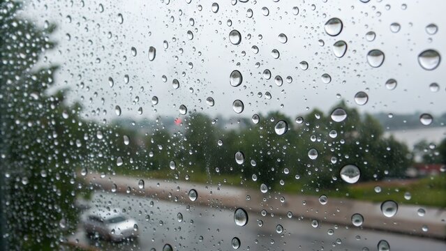 Close up of raindrops on windowpane overlooking a rainy street scene