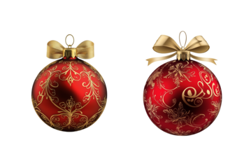 Red Christmas Ball with Bow and Golden Pattern Isolated on White Background. Festive Red Ornament with Golden Design Cutout PNG.