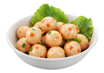 透明背景に盛られた丸い料理のクローズアップ ホワイトボウル入り 葉物野菜とスパイスで飾られたオレンジ色の食品