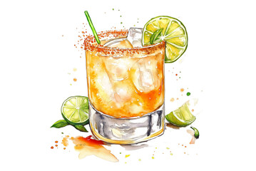 Spicy Margarita Watercolor Illustration on Transparent Background. Watercolor Cocktail Art of Spicy Margarita Isolated PNG.