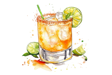 Spicy Margarita Watercolor Illustration on Transparent Background. Watercolor Cocktail Art of Spicy Margarita Isolated PNG.