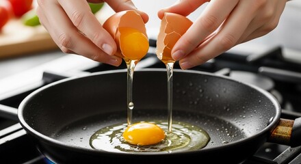 Cracking eggs into a frying pan, cooking breakfast, kitchen scene