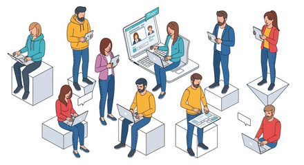 Isometric people and gadgets. Young men and women characters with smartphones and gadgets. Vector modern freelance business people on white background