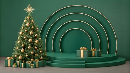 Obraz premium Elegant Green Christmas Display with Gold Accents and Modern Circular Backdrop Radiating Festive Sophistication