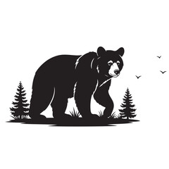Wild Bear Silhouette Walking in Forest with Pine Trees and Flying Birds