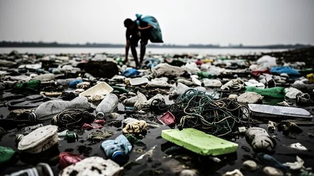 A lone figure collecting recyclables from a heavily polluted river, a stark image of the global plastic waste crisis and poverty