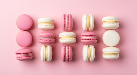 Obraz premium Delicious Pink and White Macarons on Pink Background - Sweet Pastry Dessert