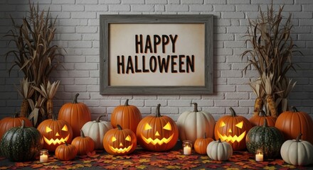 Obraz premium Spooky Halloween decor featuring carved pumpkins, candles, and festive autumn ambiance for seasonal celebrations