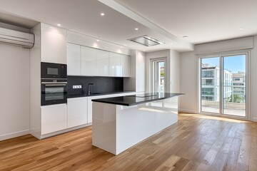 Modern kitchen with island in bright apartment
