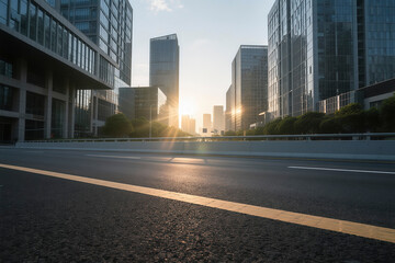 Wide asphalt roads and modern city buildings under a sunset sky
