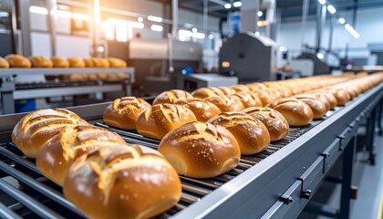 Fresh baked bread on a conveyor belt in a modern bakery