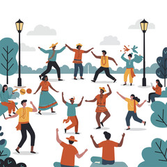 Vibrant 2D flat vector illustration depicts diverse people celebrating at a cultural festival, performing a traditional dance in an open park, promoting community and joyful physical activity.