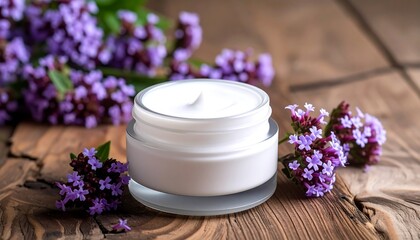 White cream jar with purple flowers on a wooden table