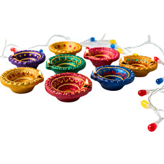 Colorful Handmade Diwali Diya and String Lights  White Background