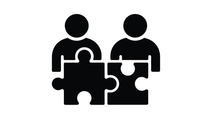 Two people figures connecting puzzle pieces representing teamwork and collaboration