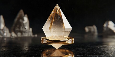 White obsidian-like peak under radiant gold ring suspended in black dimension
