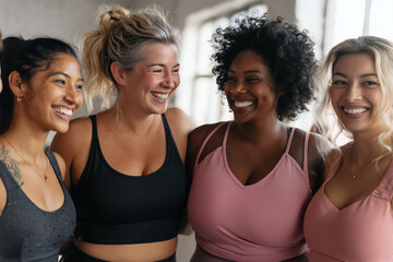 Diverse group of women with different body types working out together in a bright studio, laughing and supporting each other, inclusive fitness