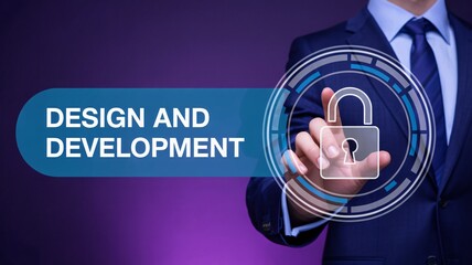 Businessman secures digital design and development process with futuristic lock icon