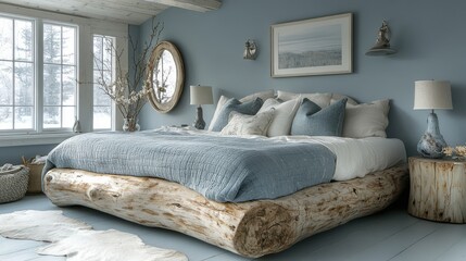 Rustic bedroom with a log bed and serene blue walls. Natural light streams in through large windows, creating a calming atmosphere.