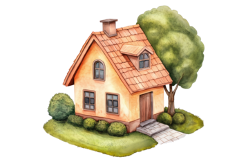 Watercolor Isometric House Isolated on White Background. Cozy Watercolor Isometric House Design PNG