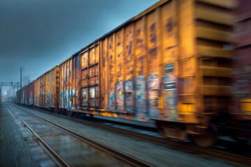 Fototapeta premium Graffiti-covered train cars moving slowly through an urban setting on a cloudy day