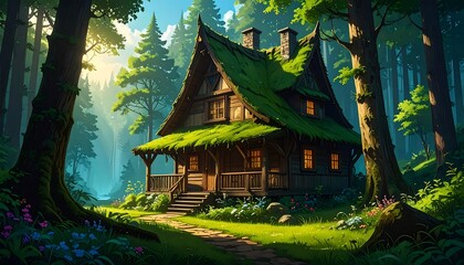 Rustic wooden cottage nestled in a sunlit forest