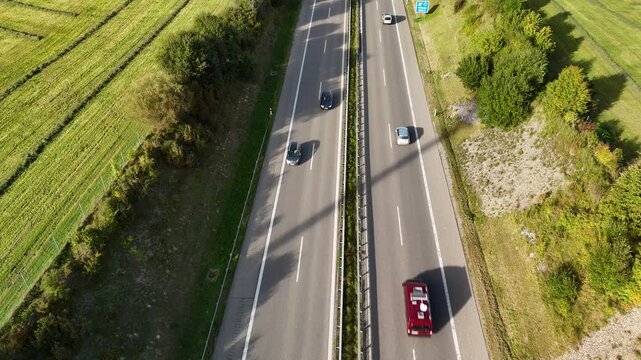 A96, Autobahn, E43, highway, aerial, drone, traffic, Busy highway A96 seen by drone, linking Germany with Austria and Alpine south