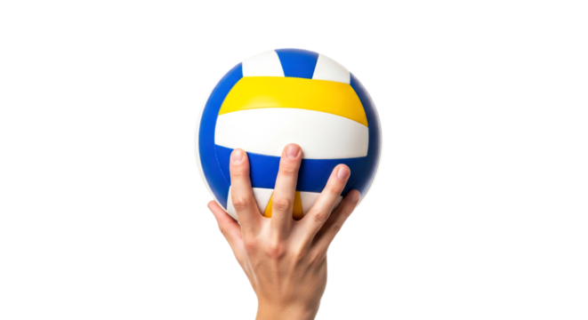 hand holding volleyball ready to serve, game on, isolated on transparent background