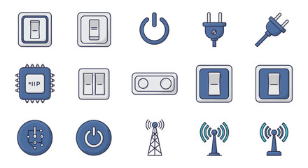 various electronic symbols and icons depicted in blue color