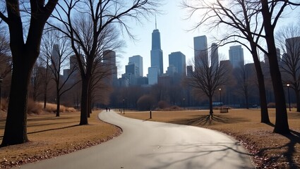 A park path with leafless trees, leading to a city skyline under a sunny sky.