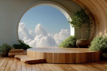 Fototapeta premium Wooden circular podium with plants and sky view through round window