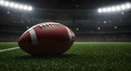 Close-up of a football on a green pitch with stadium lights glowing in the background, dramatic sports shot