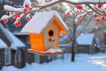 Buntes Vogelhaus mit Schnee bedeckt, h&auml;ngend an einem verschneiten Baumzweig im Winter, ruhige Winterlandschaft im Hintergrund