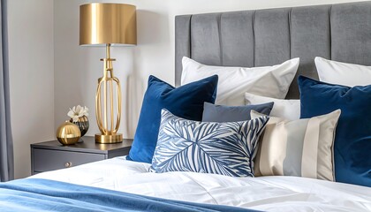 Luxurious bedroom with a gold lamp and blue accents