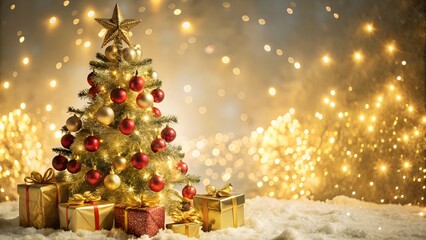 Festive Christmas Scene Golden Tree Presents and Warm Lights an Enchanting Holiday Ambiance Radiating Joy