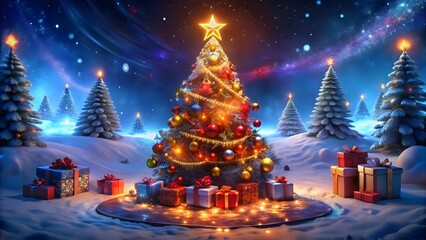 A Magical Christmas Night A Winter Wonderland Scene with Decorated Christmas Trees and Brightly Wrapped Gifts Creating Holiday Cheer