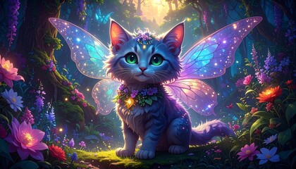Adorable fairy cat in a mystical forest