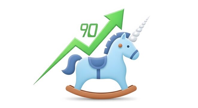 A blue rocking unicorn symbolizing a successful startup company, with a green arrow graph indicating a ninety percent increase in value.