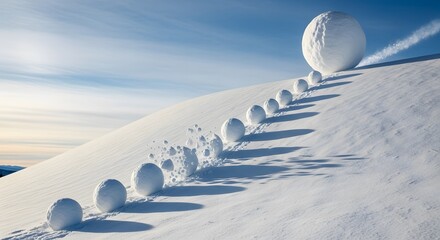 The snowball effect: A growing mass of snow rolls downhill, accumulating more with each revolution,A series of snowballs rolling down a snow covered hill, from small to enormous, contrasting sizes
