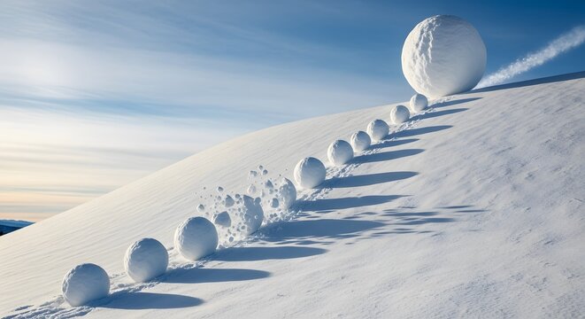 The snowball effect: A growing mass of snow rolls downhill, accumulating more with each revolution,A series of snowballs rolling down a snow covered hill, from small to enormous, contrasting sizes