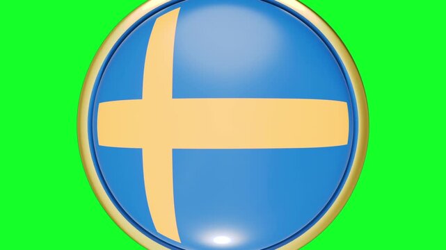 3D animation of a badge with a Sweden country flag rotating around an axis and zooming in on the whole screen. 3D transition on a green background for editing