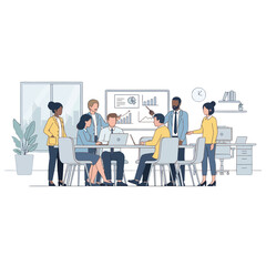 Obraz premium Diverse corporate team in a strategic planning meeting, analyzing data analytics on a digital whiteboard for future growth