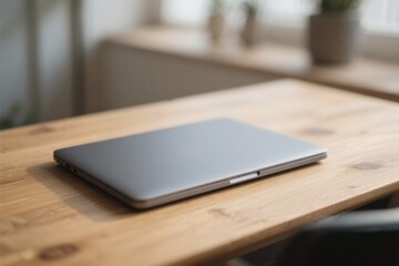 Closed Laptop Resting on a Light Wood Desk