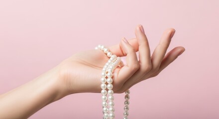 Elegant female hand holding a string of pearls against a soft pink background, symbolizing luxury, sophistication, and timeless beauty