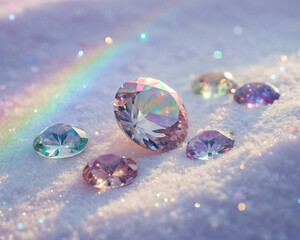 A magical still life of sparkling, multi-colored gems on a glittering snow surface with a rainbow.
