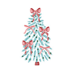 Cute Christmas tree with red and pink bows on white background. Hand drawn vector illustration. Winter holiday and New Year celebration. Design for greeting card, invitation, poster, postcard, print.