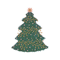 Christmas tree with lights, garland and star isolated on white background. Hand drawn vector illustration. Winter holiday and New Year celebration. Design for greeting card, invitation, print, poster.